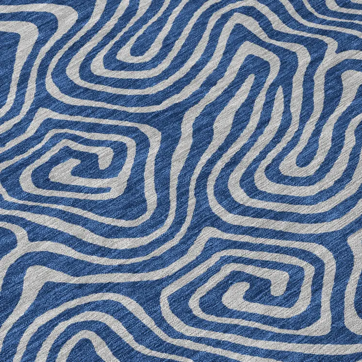 8' Navy Blue And Gray Round Abstract Washable Indoor Outdoor Area Rug
