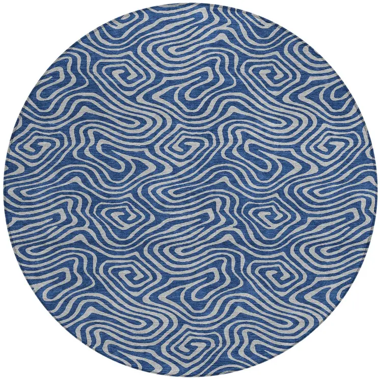 8' Navy Blue And Gray Round Abstract Washable Indoor Outdoor Area Rug
