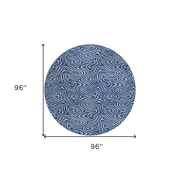 8' Navy Blue And Gray Round Abstract Washable Indoor Outdoor Area Rug