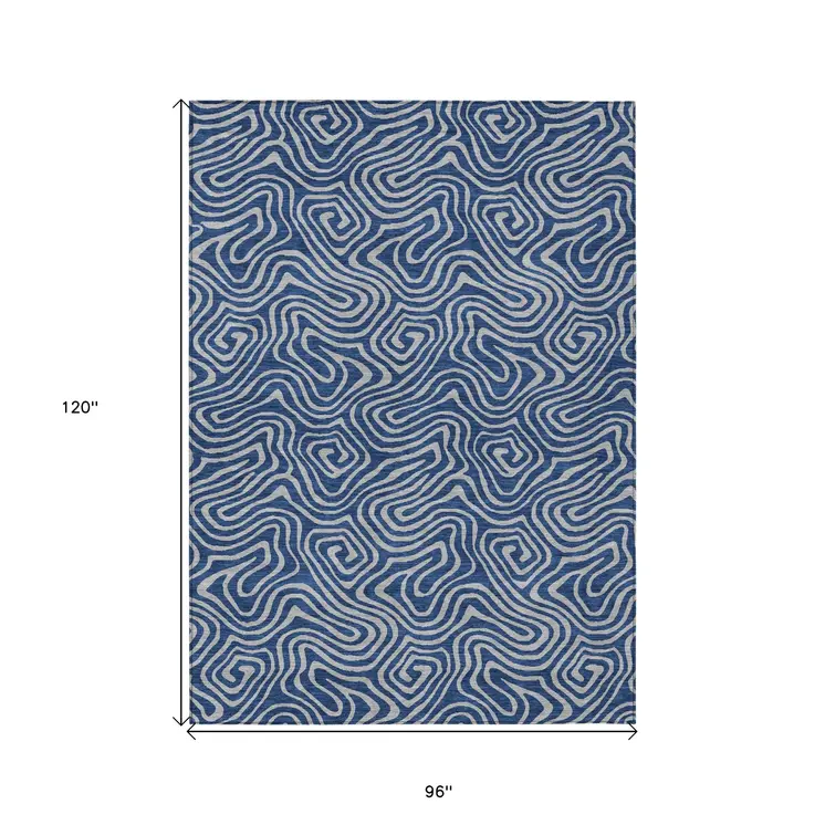 8' X 10' Navy Blue And Gray Abstract Washable Indoor Outdoor Area Rug