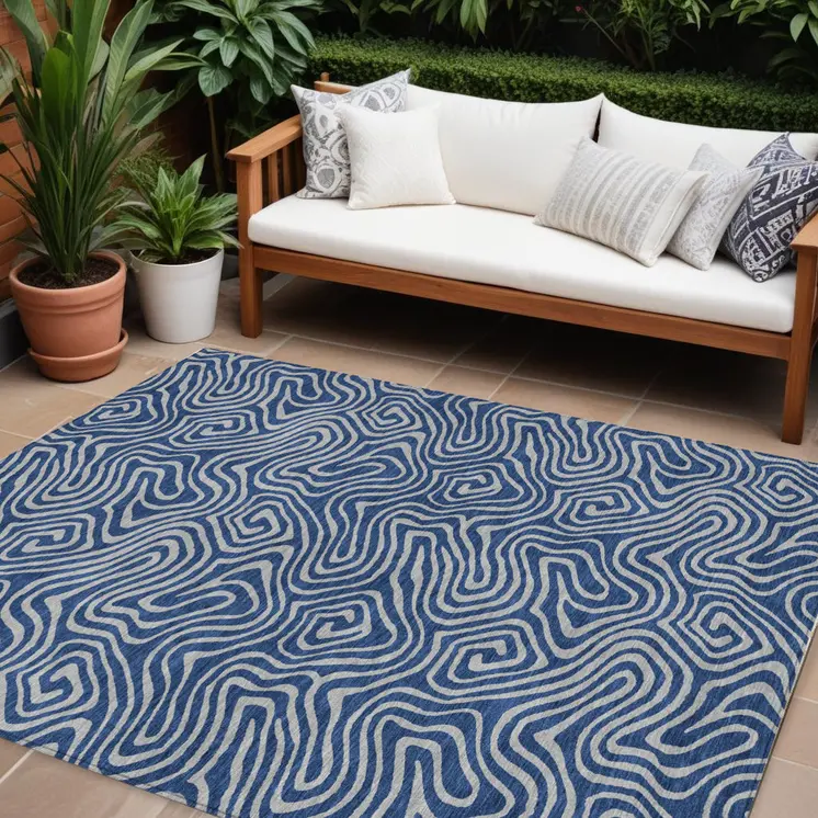 9' X 12' Navy Blue And Gray Abstract Washable Indoor Outdoor Area Rug