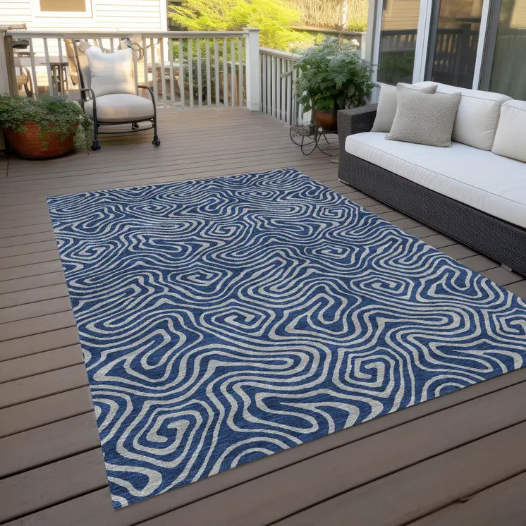 10' X 14' Navy Blue And Gray Abstract Washable Indoor Outdoor Area Rug