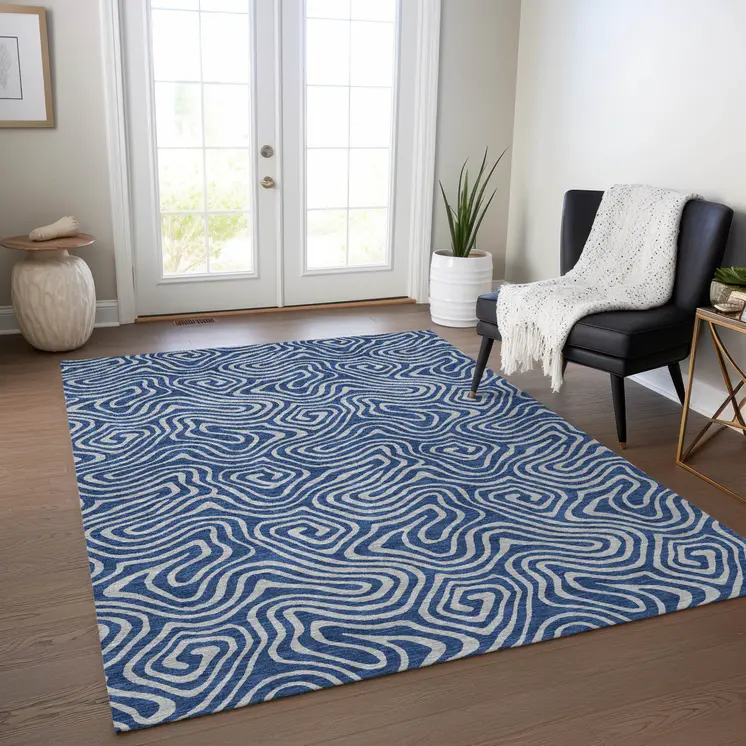 10' X 14' Navy Blue And Gray Abstract Washable Indoor Outdoor Area Rug