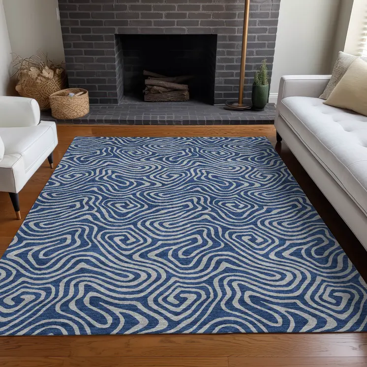 10' X 14' Navy Blue And Gray Abstract Washable Indoor Outdoor Area Rug