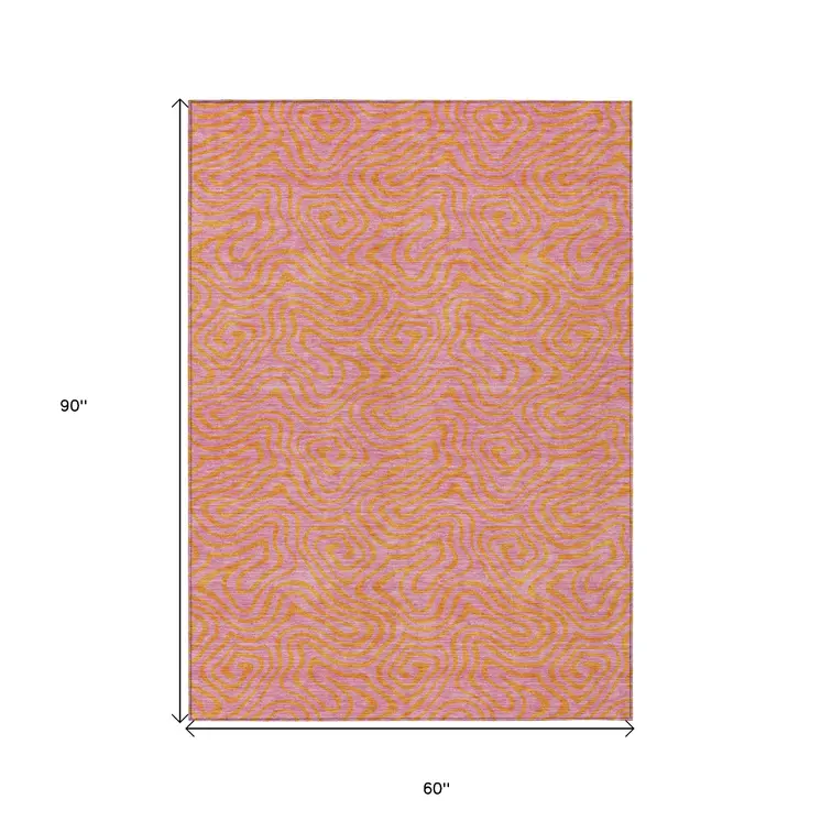5' X 8' Pink And Copper Abstract Washable Indoor Outdoor Area Rug