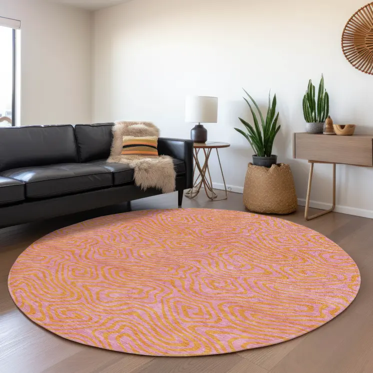 8' Pink And Copper Round Abstract Washable Indoor Outdoor Area Rug