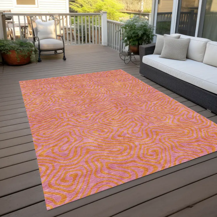 10' X 14' Pink And Copper Abstract Washable Indoor Outdoor Area Rug