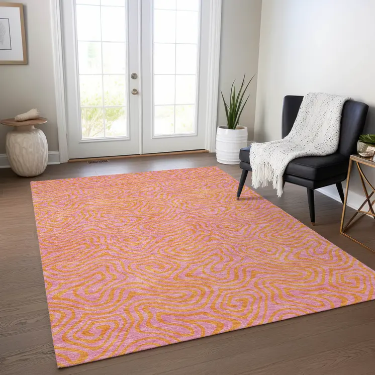 10' X 14' Pink And Copper Abstract Washable Indoor Outdoor Area Rug