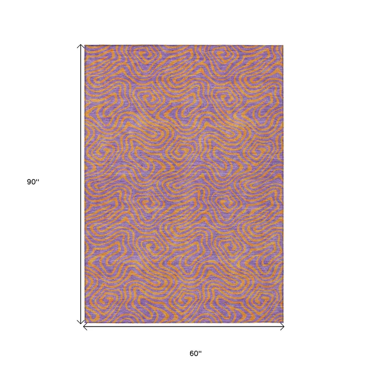 5' X 8' Purple And Copper Abstract Washable Indoor Outdoor Area Rug