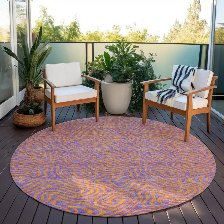 8' Purple And Copper Round Abstract Washable Indoor Outdoor Area Rug