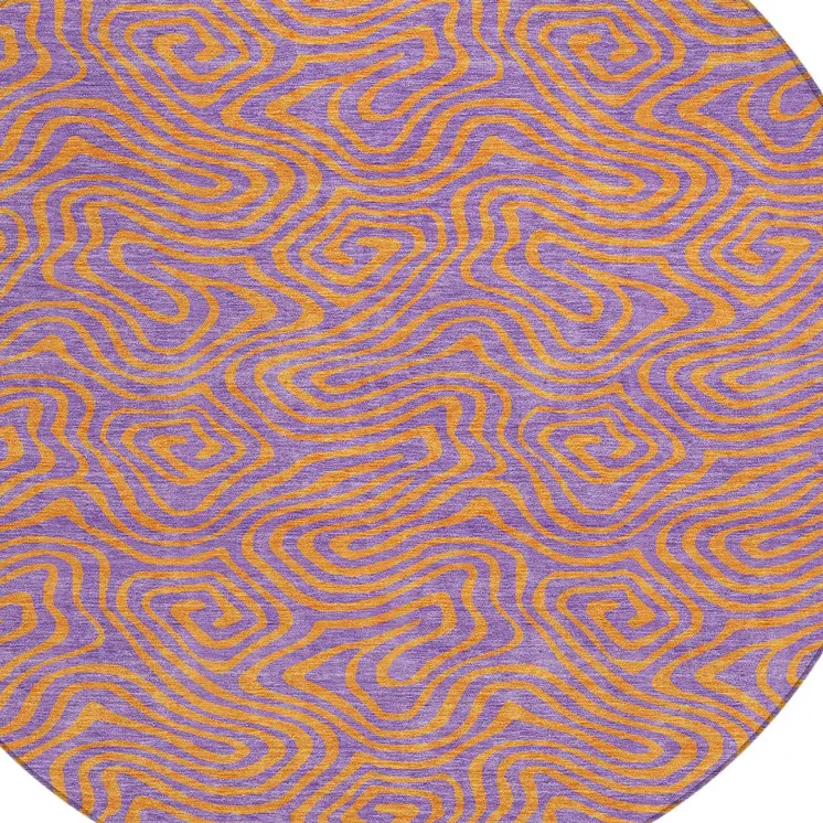 8' Purple And Copper Round Abstract Washable Indoor Outdoor Area Rug