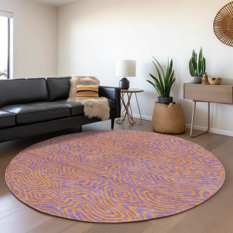 8' Purple And Copper Round Abstract Washable Indoor Outdoor Area Rug