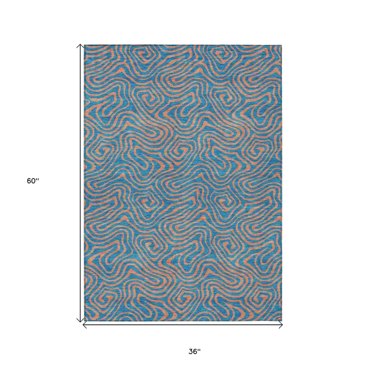 3' X 5' Teal Blue And Pink Abstract Washable Indoor Outdoor Area Rug