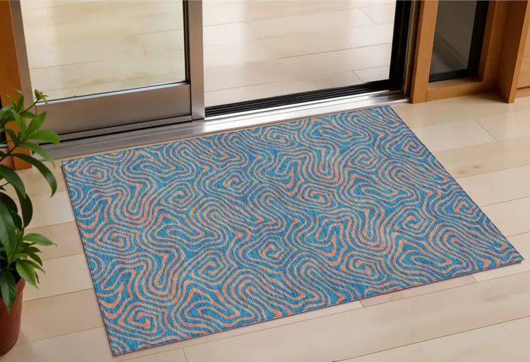 3' X 5' Teal Blue And Pink Abstract Washable Indoor Outdoor Area Rug