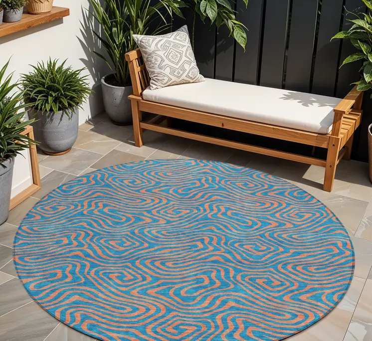 8' Teal Blue And Pink Round Abstract Washable Indoor Outdoor Area Rug