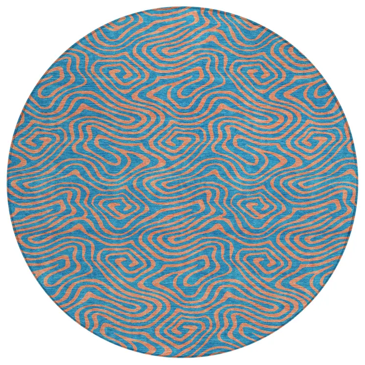 8' Teal Blue And Pink Round Abstract Washable Indoor Outdoor Area Rug