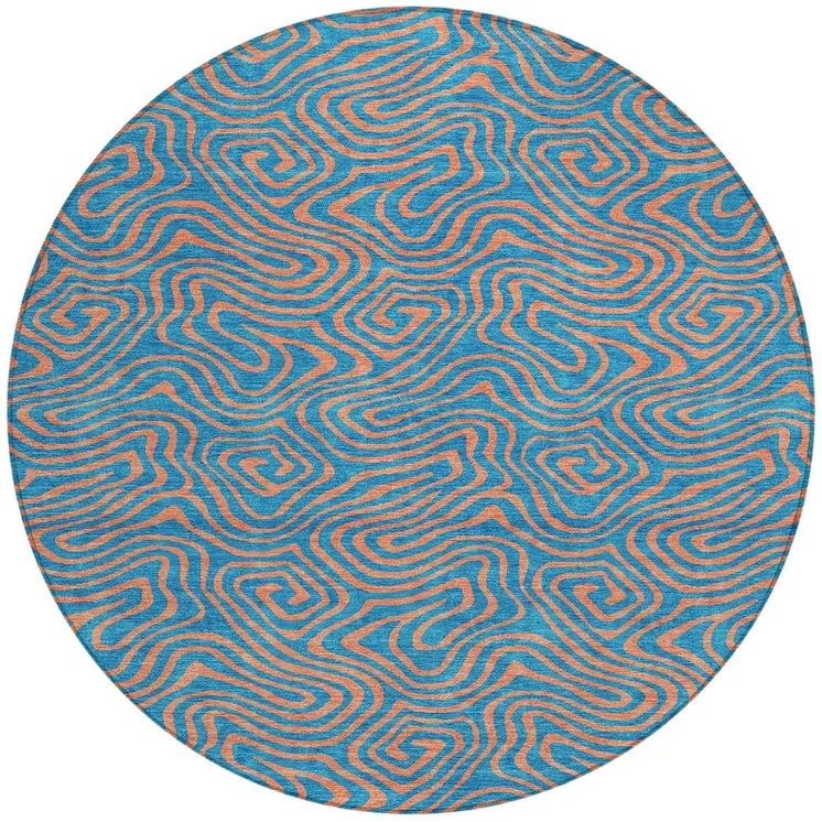 8' Teal Blue And Pink Round Abstract Washable Indoor Outdoor Area Rug