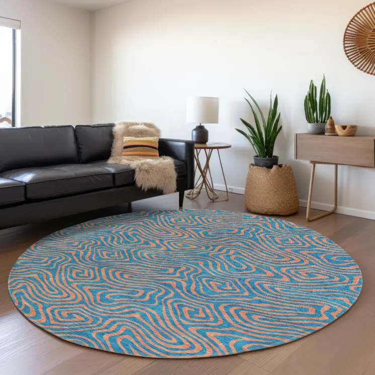 8' Teal Blue And Pink Round Abstract Washable Indoor Outdoor Area Rug