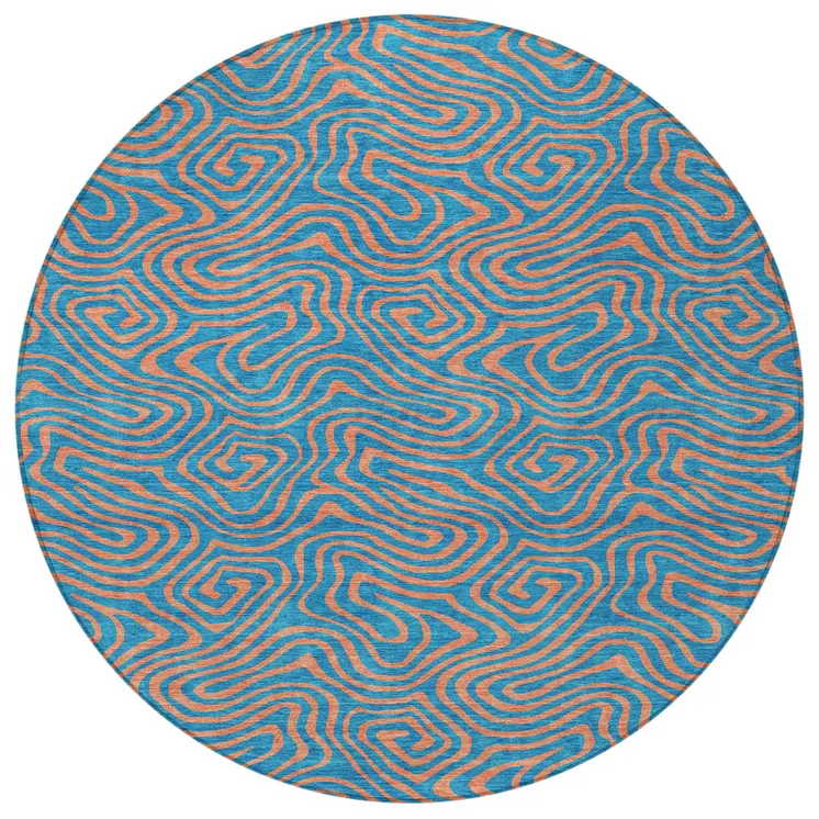 8' Teal Blue And Pink Round Abstract Washable Indoor Outdoor Area Rug