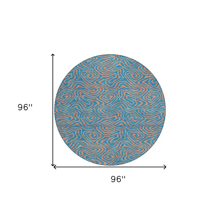 8' Teal Blue And Pink Round Abstract Washable Indoor Outdoor Area Rug