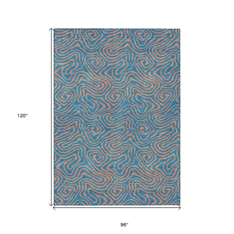 8' X 10' Teal Blue And Pink Abstract Washable Indoor Outdoor Area Rug