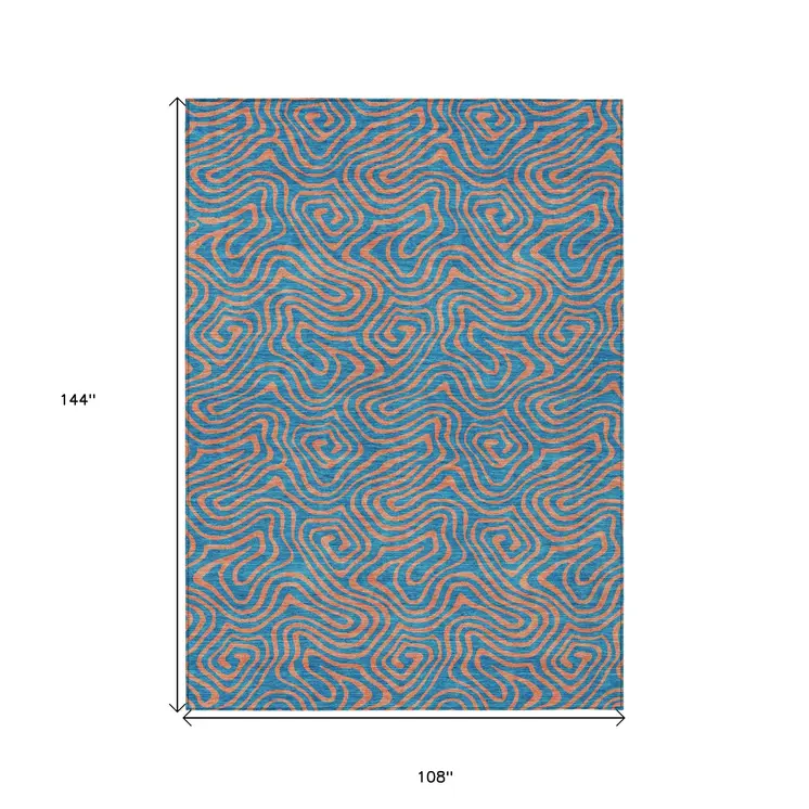9' X 12' Teal Blue And Pink Abstract Washable Indoor Outdoor Area Rug