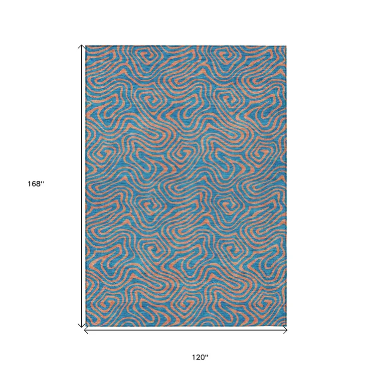 10' X 14' Teal Blue And Pink Abstract Washable Indoor Outdoor Area Rug