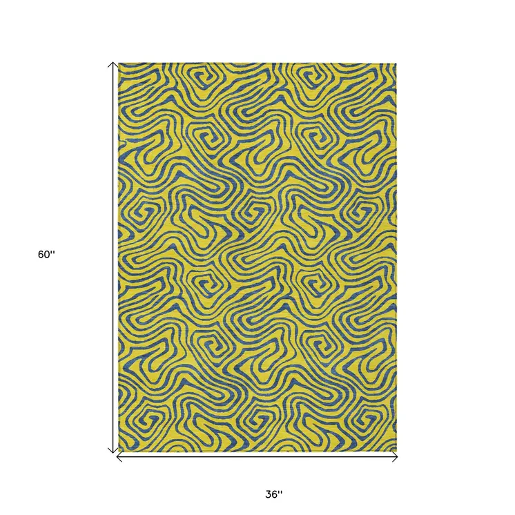 3' X 5' Yellow And Blue Abstract Washable Indoor Outdoor Area Rug