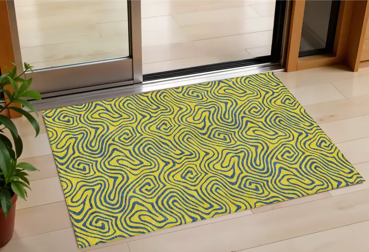 3' X 5' Yellow And Blue Abstract Washable Indoor Outdoor Area Rug
