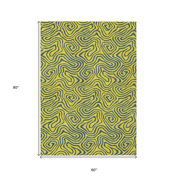 5' X 8' Yellow And Blue Abstract Washable Indoor Outdoor Area Rug