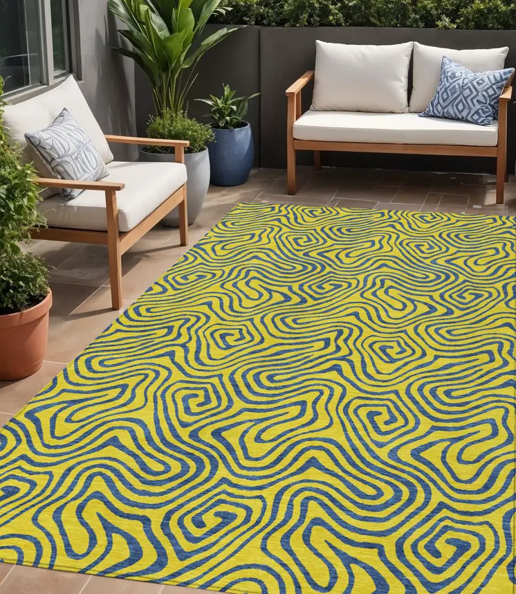 5' X 8' Yellow And Blue Abstract Washable Indoor Outdoor Area Rug