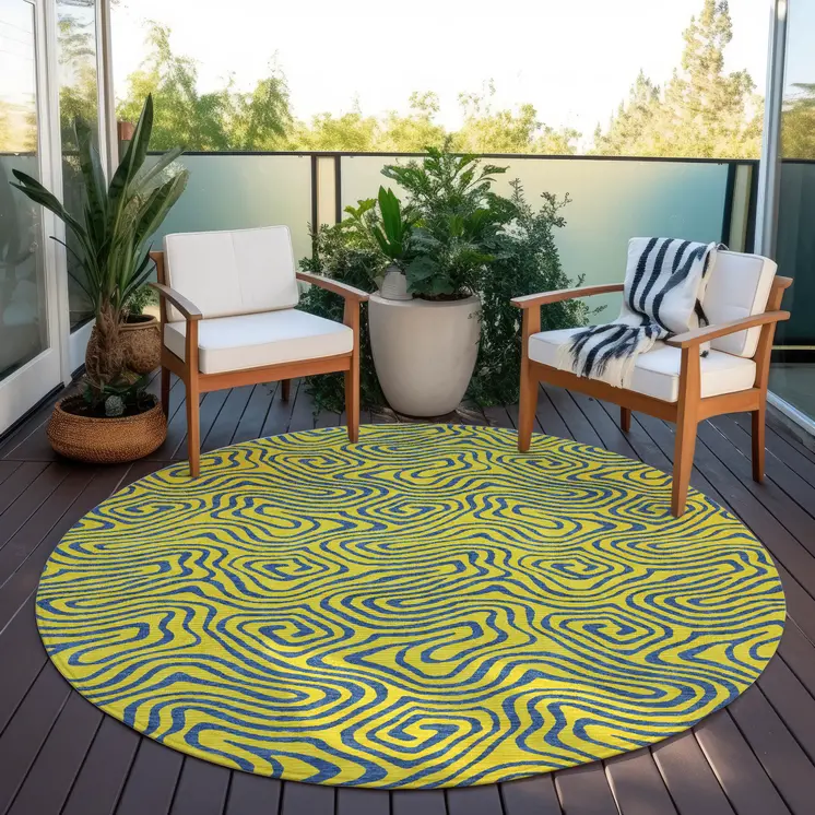 8' Yellow And Blue Round Abstract Washable Indoor Outdoor Area Rug