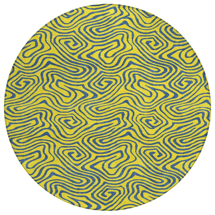 8' Yellow And Blue Round Abstract Washable Indoor Outdoor Area Rug
