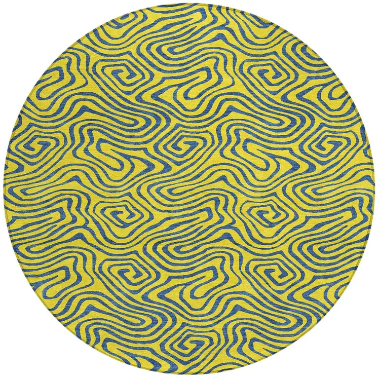 8' Yellow And Blue Round Abstract Washable Indoor Outdoor Area Rug