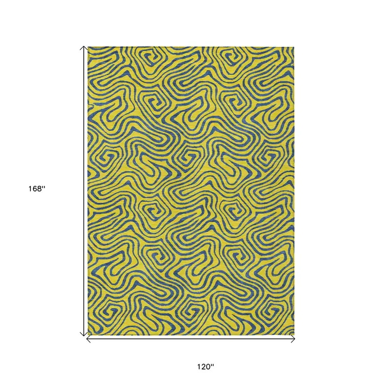 10' X 14' Yellow And Blue Abstract Washable Indoor Outdoor Area Rug