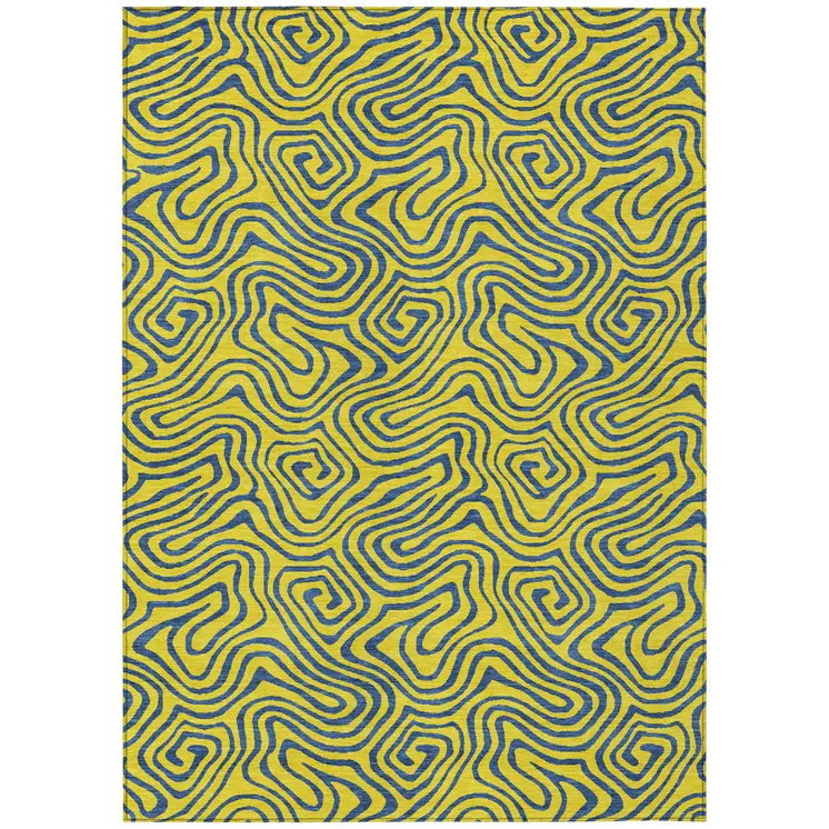 10' X 14' Yellow And Blue Abstract Washable Indoor Outdoor Area Rug