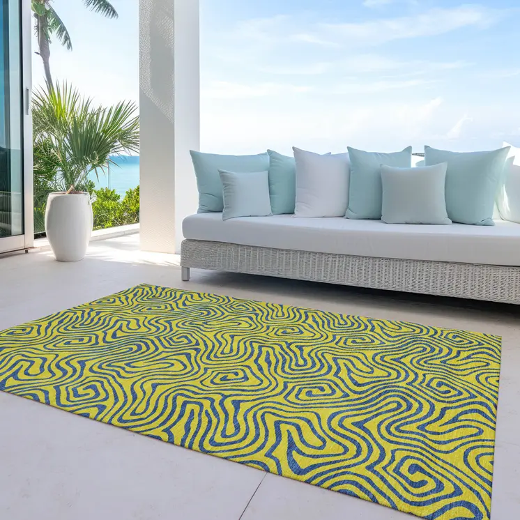 10' X 14' Yellow And Blue Abstract Washable Indoor Outdoor Area Rug