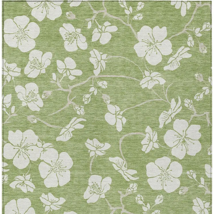 5' X 8' Artichoke Green And Ivory Floral Washable Indoor Outdoor Area Rug