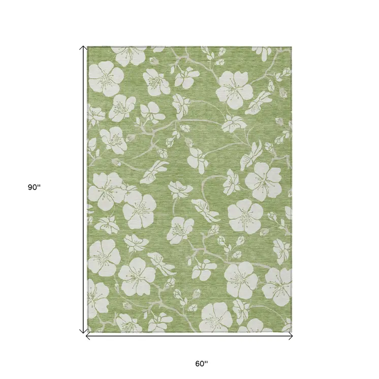 5' X 8' Artichoke Green And Ivory Floral Washable Indoor Outdoor Area Rug