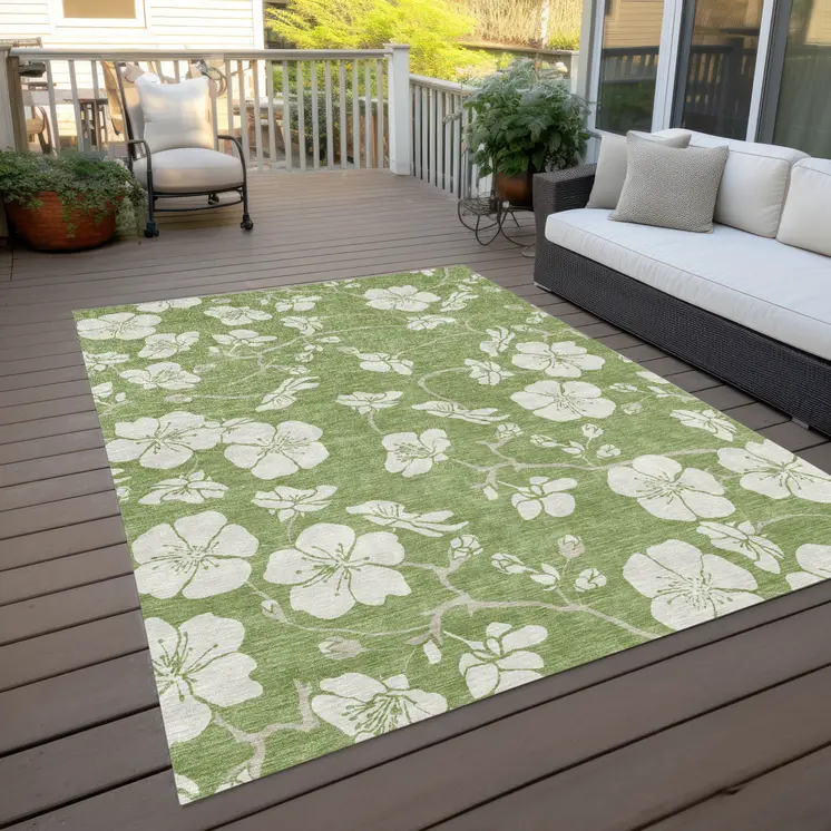 5' X 8' Artichoke Green And Ivory Floral Washable Indoor Outdoor Area Rug