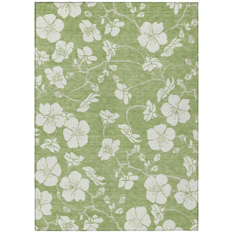 5' X 8' Artichoke Green And Ivory Floral Washable Indoor Outdoor Area Rug