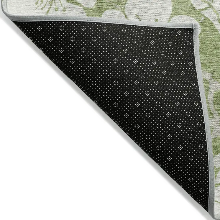 5' X 8' Artichoke Green And Ivory Floral Washable Indoor Outdoor Area Rug