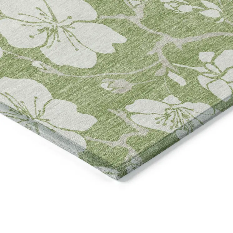 5' X 8' Artichoke Green And Ivory Floral Washable Indoor Outdoor Area Rug