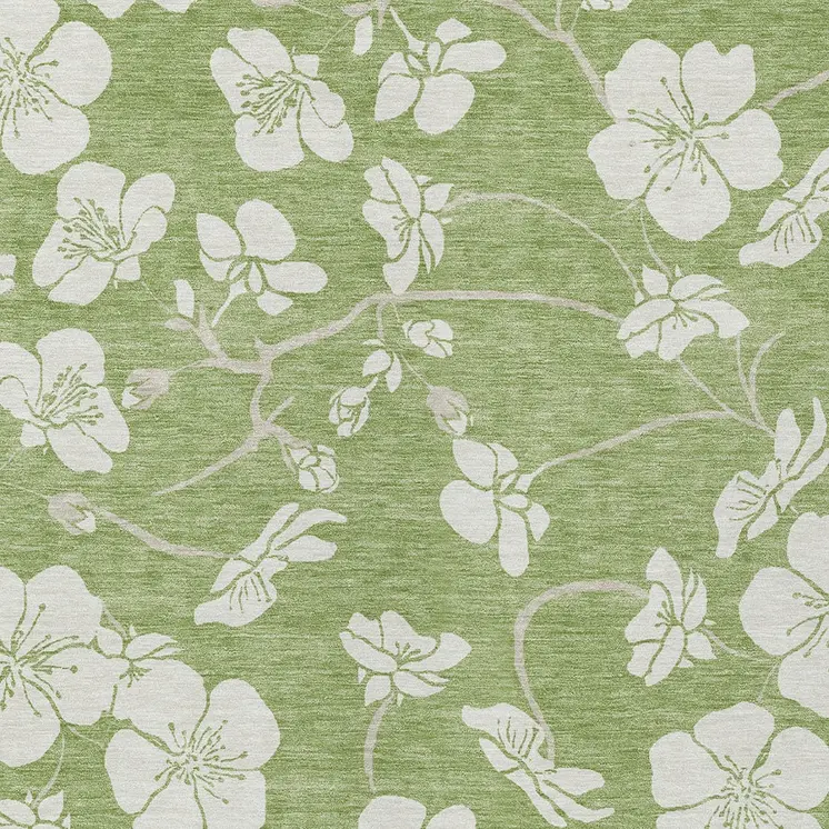 5' X 8' Artichoke Green And Ivory Floral Washable Indoor Outdoor Area Rug