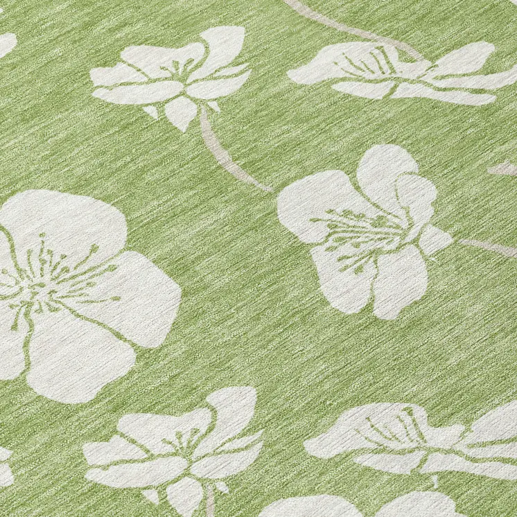 5' X 8' Artichoke Green And Ivory Floral Washable Indoor Outdoor Area Rug