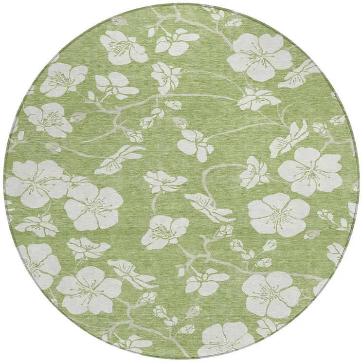 8' Artichoke Green And Ivory Round Floral Washable Indoor Outdoor Area Rug