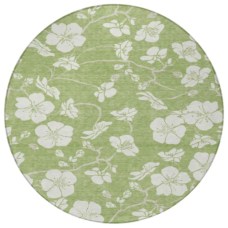 8' Artichoke Green And Ivory Round Floral Washable Indoor Outdoor Area Rug