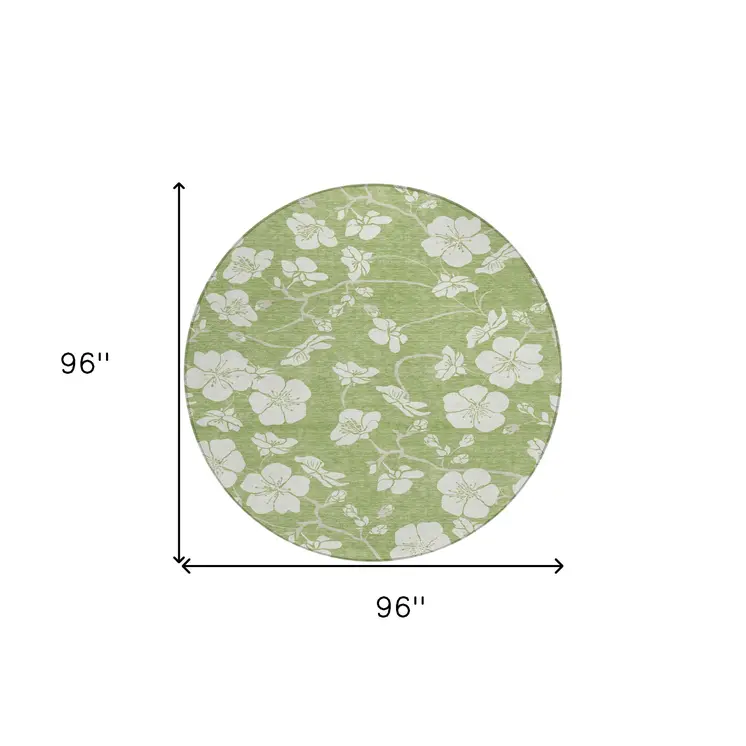 8' Artichoke Green And Ivory Round Floral Washable Indoor Outdoor Area Rug