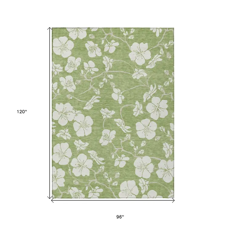 8' X 10' Artichoke Green And Ivory Floral Washable Indoor Outdoor Area Rug