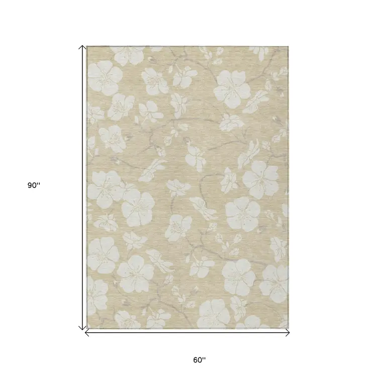 5' X 8' Beige And Ivory Floral Washable Indoor Outdoor Area Rug